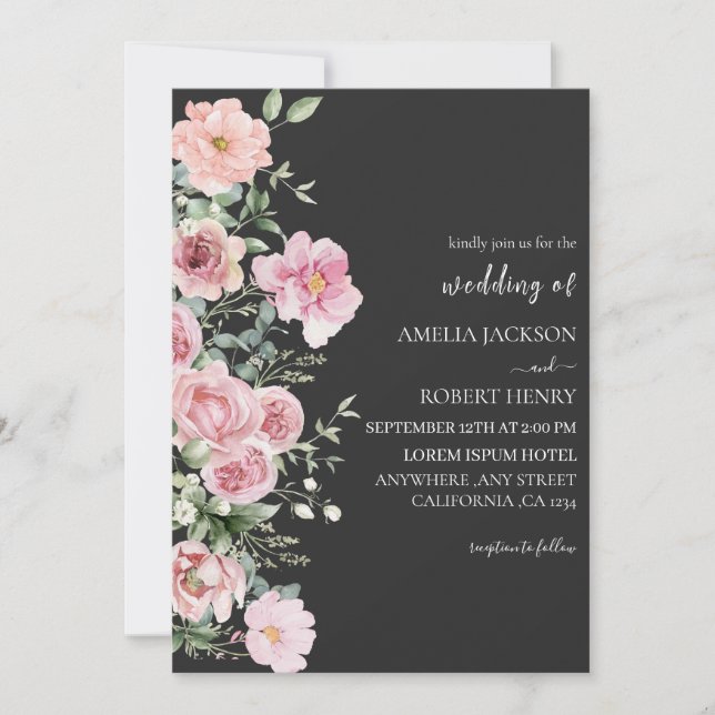 Moderne Aquarellfarben Schwarz und Gold Hochzeit Einladung (Vorderseite)