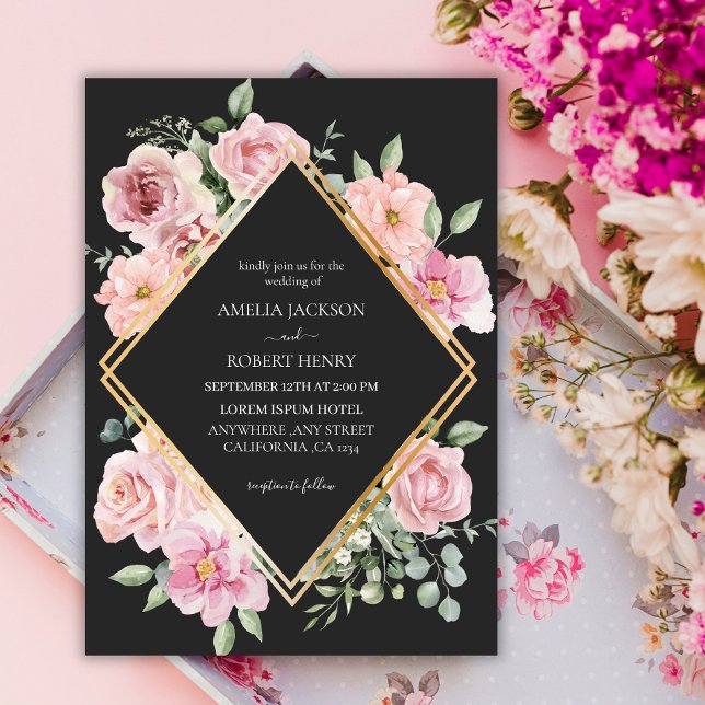 Moderne Aquarellfarben Schwarz und Gold Hochzeit Einladung (Von Creator hochgeladen)