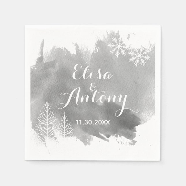 Moderne Aquarellfarben Splash Graue Winterhochzeit Serviette (Vorderseite)