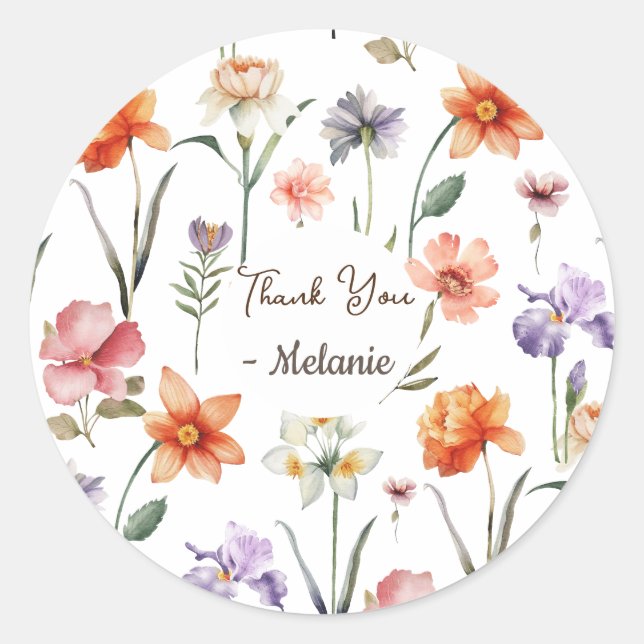 Moderne Aquarellfarben-Wildblume Blumenmuster Runder Aufkleber (Vorderseite)