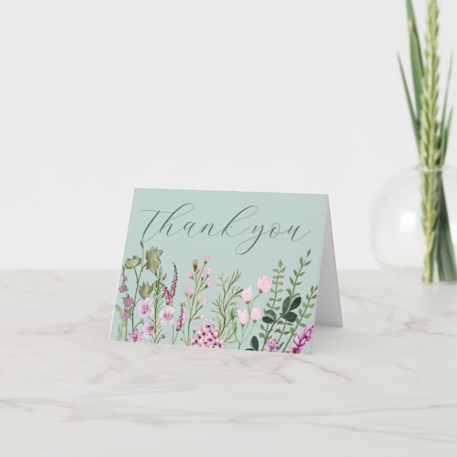 Moderne Aquarellfarben Wildblumen Lila Farbe Grün Dankeskarte (Vorderseite)