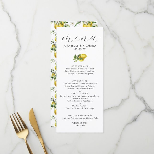 Moderne Aquarellfarben Zitronenfrüchte Hochzeit Menükarte (Vorderseite/Rückseite Beispiel)