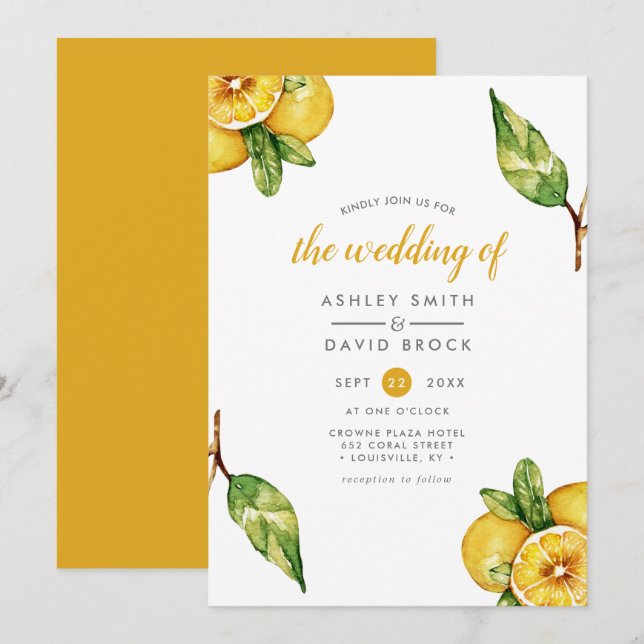 Moderne Aquarellfarben Zitrus Lemon Hochzeitseinla Einladung (Vorne/Hinten)