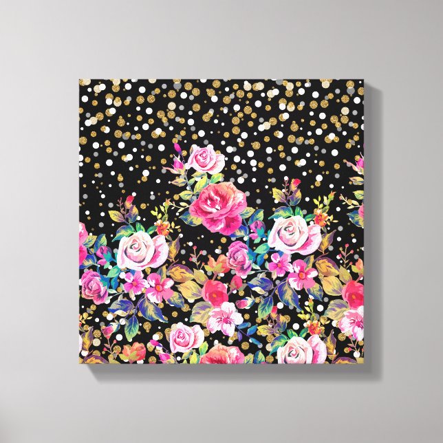 Moderne Aquarellfeder mit Blumen- und Goldpunkten Leinwanddruck (Vorderseite)