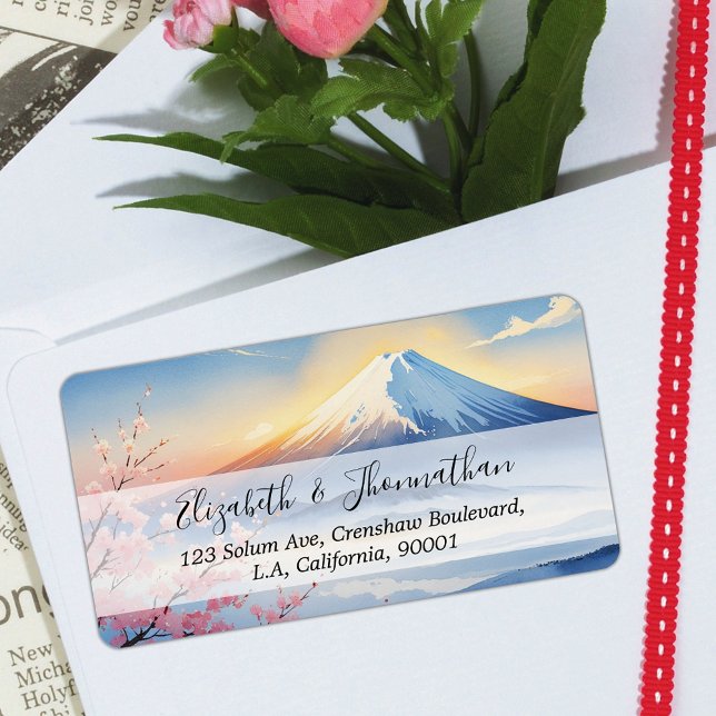 Moderne Aquarellgebirge Fuji und Kirschblüte Adressaufkleber (Von Creator hochgeladen)