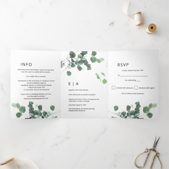 Moderne Aquarellgrüne Eukalyptus Wedding Tri- Dreifach Gefaltete Einladung (Innenseite)