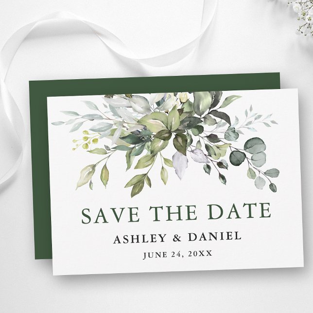 Moderne Aquarellgrüne Save The Date (Customize to change text color, style, add text & photos to back or change color of back of card.)