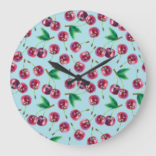 Moderne Aquarellkirschen: Juicy Berry Pattern Große Wanduhr