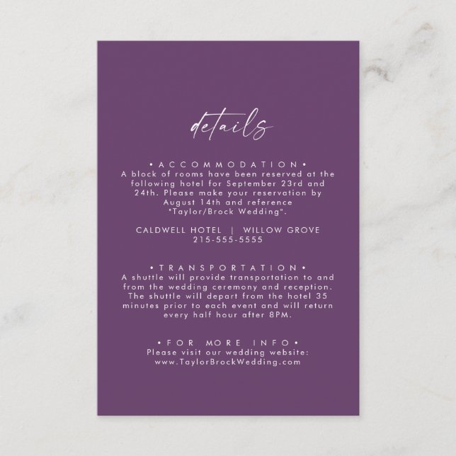 Moderne Aquarellkoordination Lila Hochzeitdetails Begleitkarte (Vorderseite)