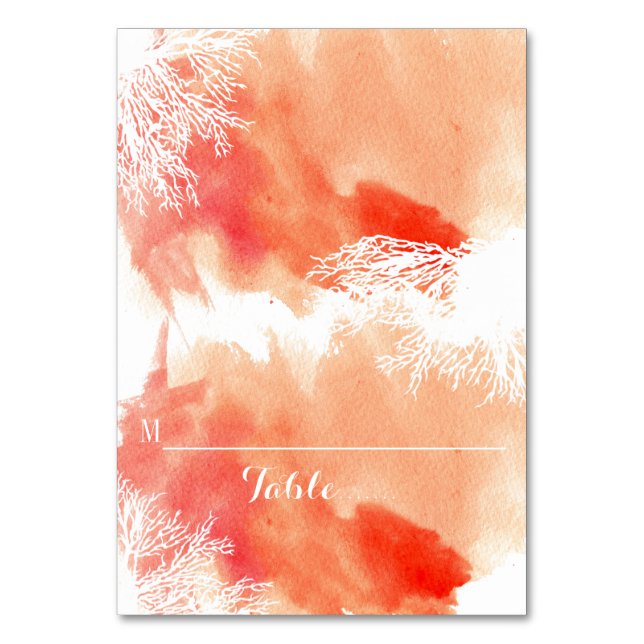 Moderne Aquarellkorallenriff Hochzeitsstiftung Pla Tischnummer (Vorderseite)