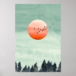 Moderne Aquarelllandschaft Sonnenuntergang Vögel B Poster