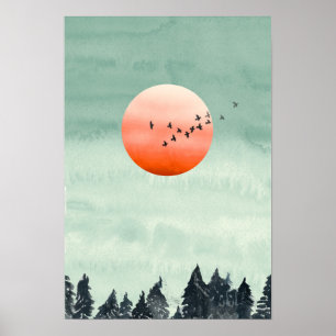 Moderne Aquarelllandschaft Sonnenuntergang Vögel  Poster