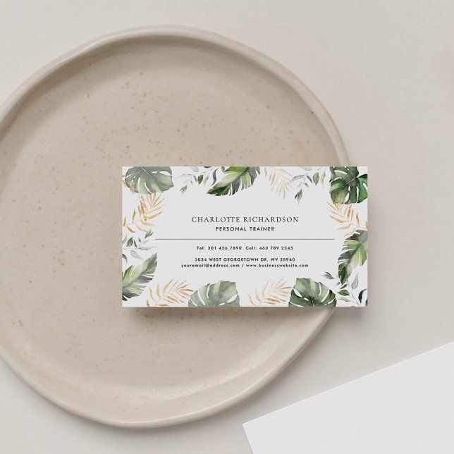 Moderne Aquarellpalme-Blätter Visitenkarte (Palm Leaves Gold Foliage Modern Business Card)