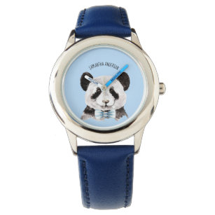 Moderne Aquarellpanda mit Namen und Pastellblau Armbanduhr