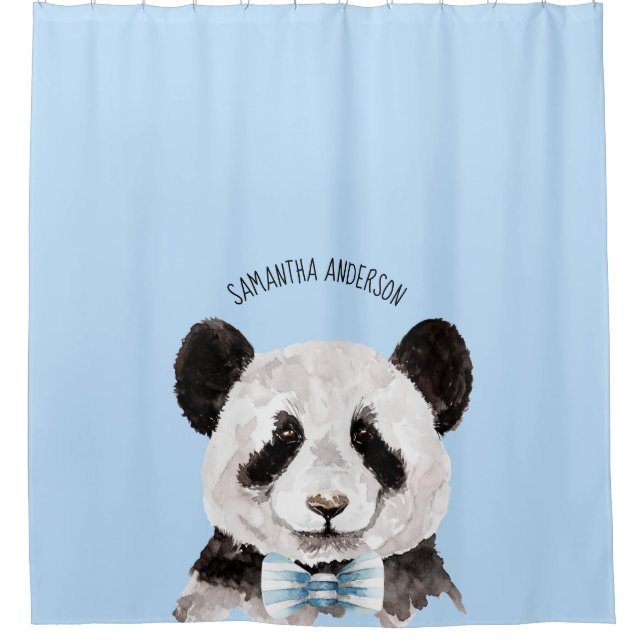 Moderne Aquarellpanda mit Namen und Pastellblau Duschvorhang (Vorderseite)