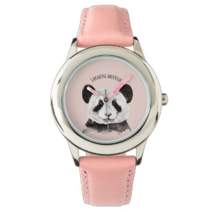 Moderne Aquarellpanda mit Namen und Pastellrosa Armbanduhr
