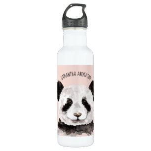 Moderne Aquarellpanda mit Namen und Pastellrosa Edelstahlflasche