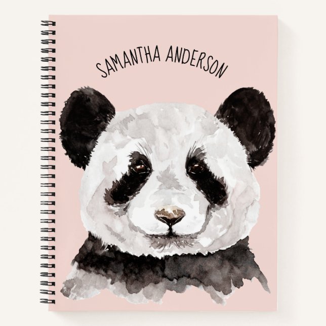 Moderne Aquarellpanda mit Namen und Pastellrosa Notizbuch (Vorderseite)