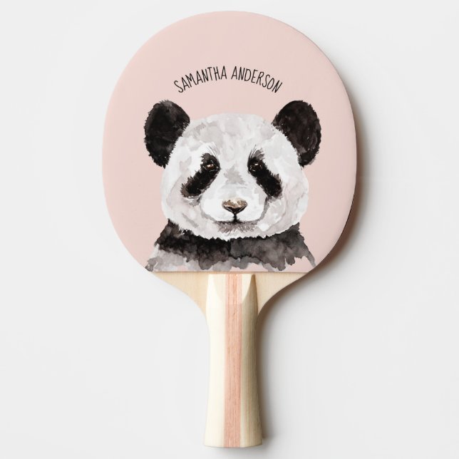 Moderne Aquarellpanda mit Namen und Pastellrosa Tischtennis Schläger (Vorderseite)