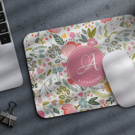 Moderne Aquarellpinke Blume mit Monogramm Name Mousepad