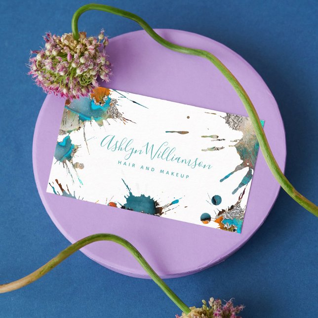 Moderne Aquarellschrift Silber Türkis Spritzer Dre Visitenkarte (Von Creator hochgeladen)