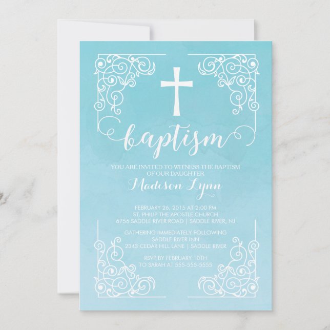 Moderne Aquarelltaufe Christening Cross Einladung (Vorderseite)