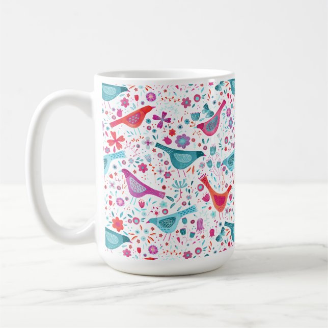 Moderne Aquarellvögel und Blume farbenfroh Kaffeetasse (Links)