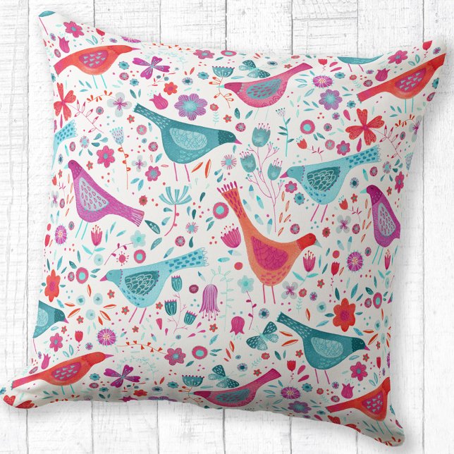 Moderne Aquarellvögel und Blume farbenfroh Kissen (Watercolor bird and flower pink, orange, red and teal art throw pillow)