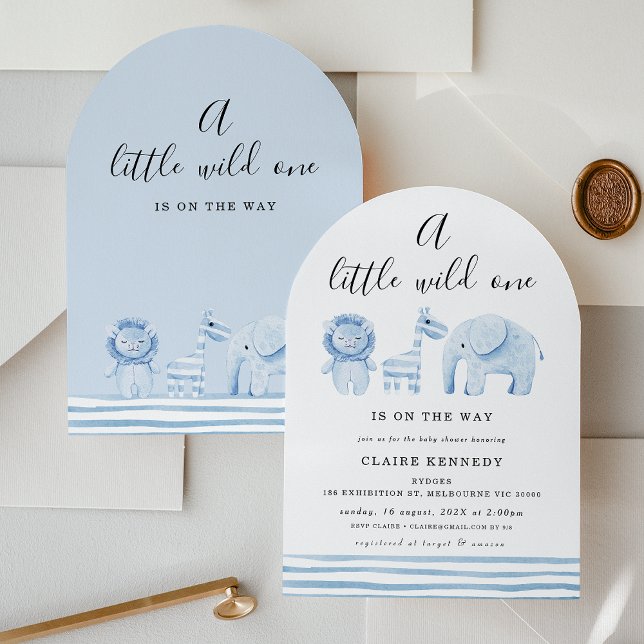 Moderne Arch Blue Safari Wild One Baby Dusche Einladung (Modern Boys Arch Safari Wild One Baby Shower Invitation, Safari Animals, A Wild One Is On The Way)