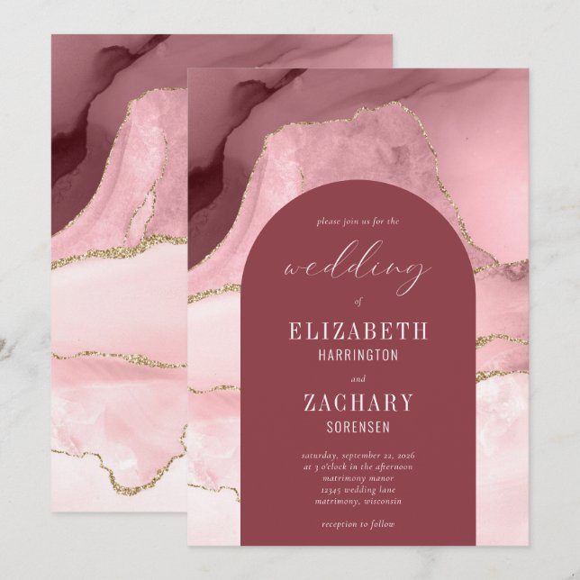 Moderne Arch Blush Pink Gold Agate Hochzeit Einladung (Vorne/Hinten)