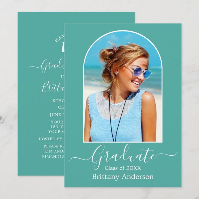 Moderne Arch Calligraphy Aquamarin Graduation Part Einladung (Vorne/Hinten)