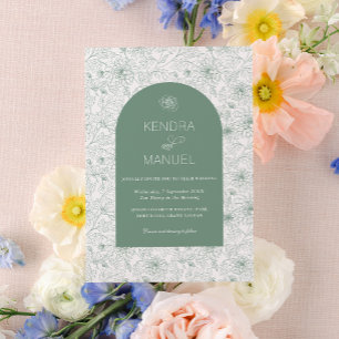 Moderne Arch Floral Toile Sage Grüne Hochzeit Einladung