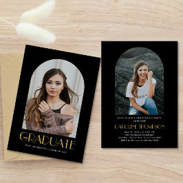Moderne Arch Foto Black & Gold Graduation Party Einladung