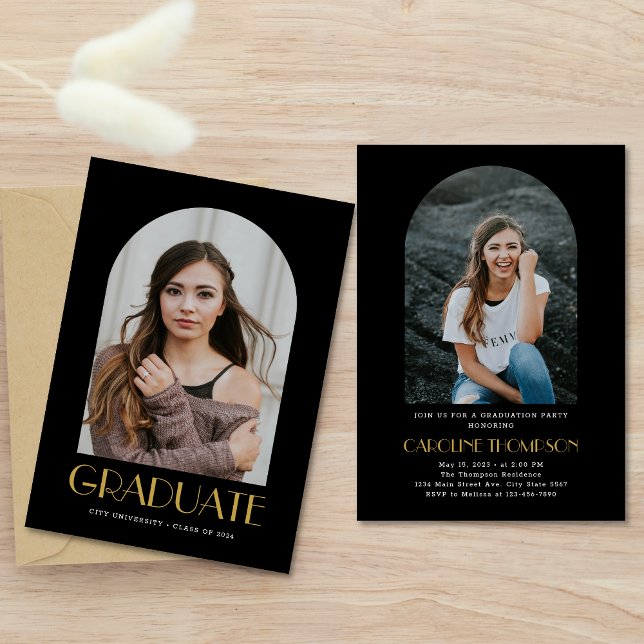 Moderne Arch Foto Black & Gold Graduation Party Einladung (Von Creator hochgeladen)