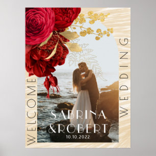 Moderne Arch Foto Burgund Blumen Willkommen Hochze Poster