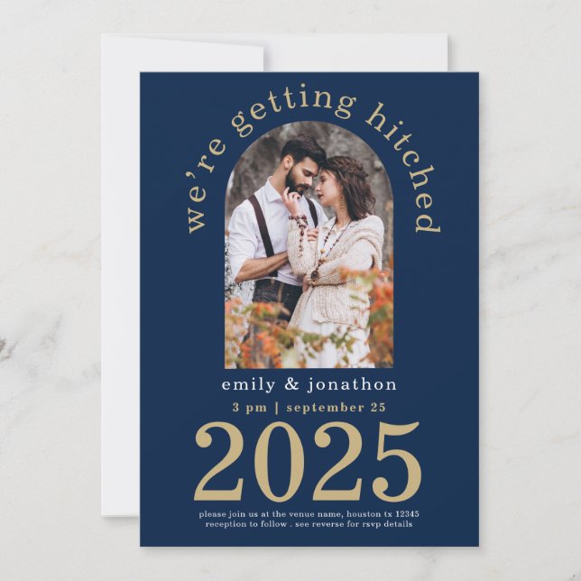 Moderne Arch Foto Navy Gold Hochzeit retten das Da Einladung (Vorderseite)