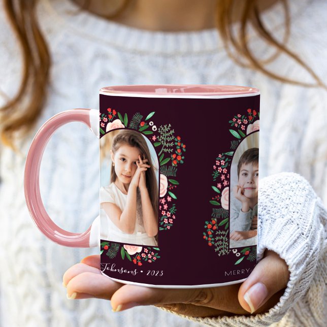 Moderne Arch Frame Floral Frohe Weihnachten Foto Tasse (Modern Arch Frame Floral Merry Christmas Photo Mug)