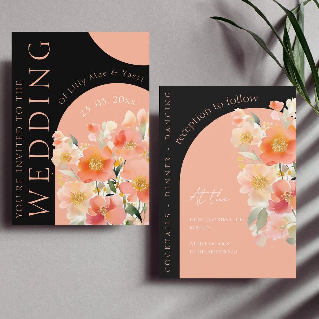 Moderne Arch Orange Peach and Black Floral Wedding Einladung (Von Creator hochgeladen)