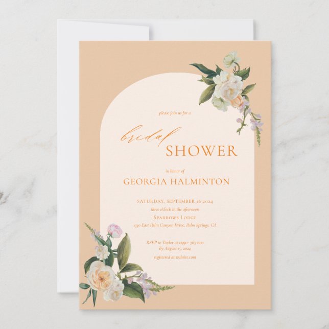 Moderne Arch Peach Blumendusche Einladung (Vorderseite)