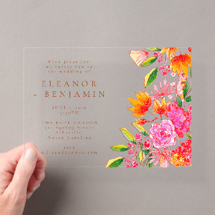 Moderne Arch Pink Orange Blumenhochzeit Acryleinladungen