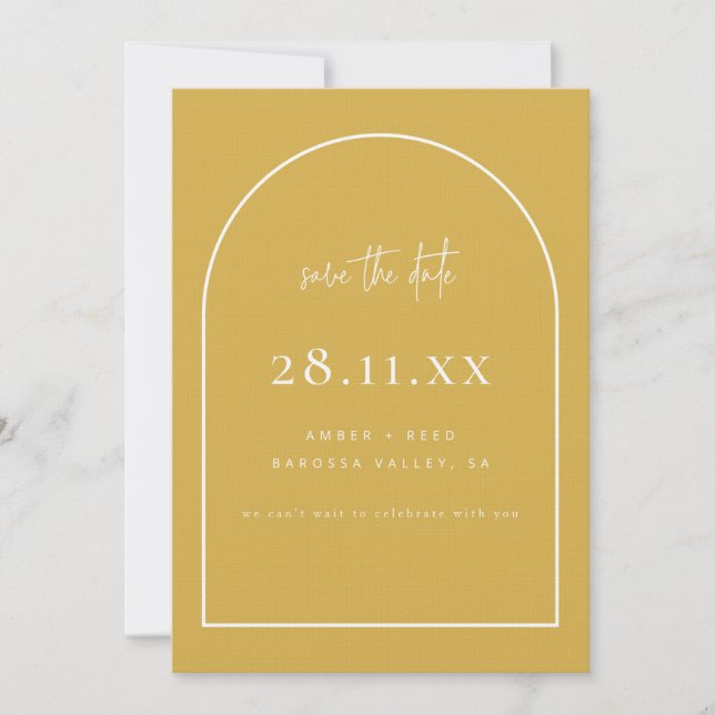 Moderne Arch Retro Minimalistisch Citrus Gelb Save The Date (Vorderseite)