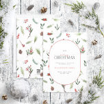 Moderne Arch Warm Roter Winter Frohe Weihnachtsfei Feiertagskarte<br><div class="desc">Wie kann man den Feiertag besser vermitteln als mit unserer modernen Arch Warm Red Winter Frory Weihnachtskarte? Diese schöne Karte zeigt ein modernes Wintergrün-Muster von Kiefern und festlichen roten Beeren, hinter der pilzförmigen Einlage mit Ihren Feiertagsgruß. Das Wort "Merry" ist elegant in einem Skript-Schriftart geschrieben, was es zu einer perfekten...</div>