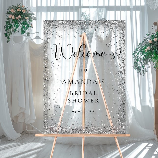 Moderne, Argent, Parties scintillant Bienvenue (Modern, Silver, Welcome Acrylic Sign with your Name ans Date.)