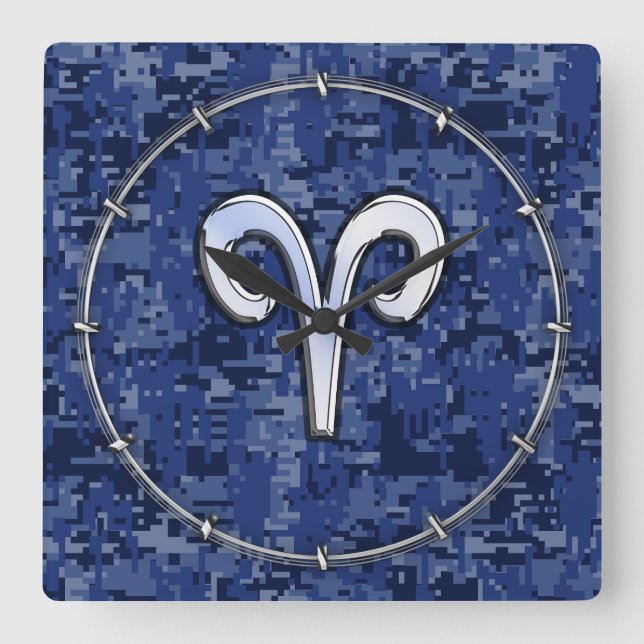 Moderne Aries Zodiac Symbol Navy Blue Digital Camo Quadratische Wanduhr (Vorderseite)