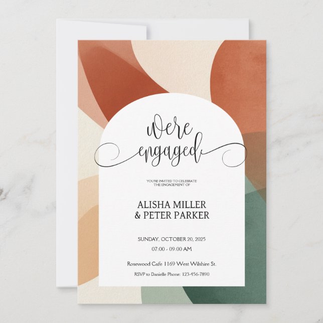Moderne Arkade Terracotta & Sage Engagement Party Save The Date (Vorderseite)
