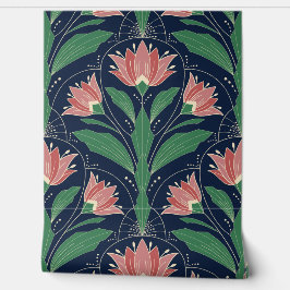 Moderne Art Deco Boho rote Blumen auf Navy Blau Tapete