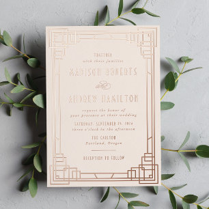 Moderne Art Déco Hochzeit Elfenbeinküste und Rose  Folieneinladung