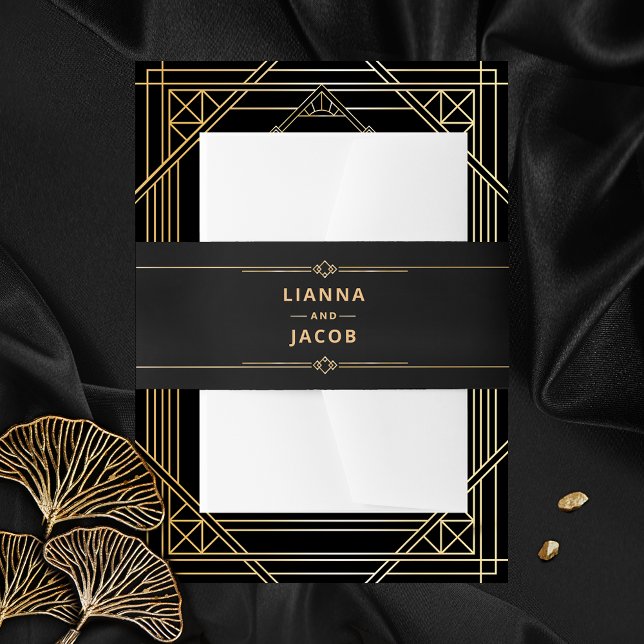 Moderne Art Deco Klassik Schwarz und Gold Wedding Einladungsbanderole (Von Creator hochgeladen)