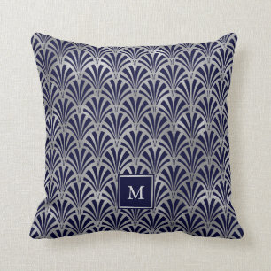 Moderne Art Deco   Navy und Faux Silber Monogramm Kissen