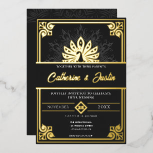 Moderne Art Deco Pfau-Hochzeit Gold Folieneinladung
